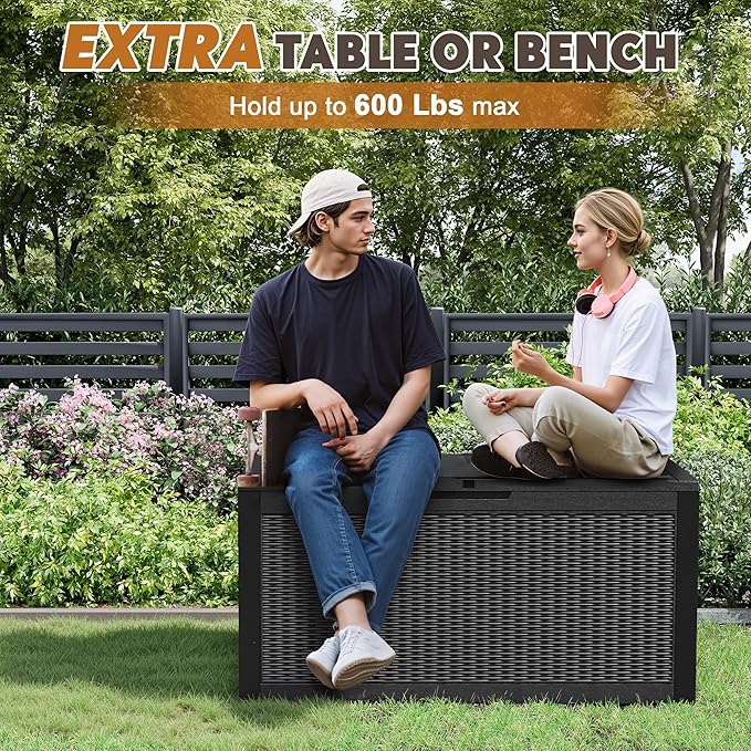 Outdoor Storage Box, Resin Deck Boxes Indoor and outdoor, Waterproof Storage Box Lockable Lid (Black, 101 Gallon)