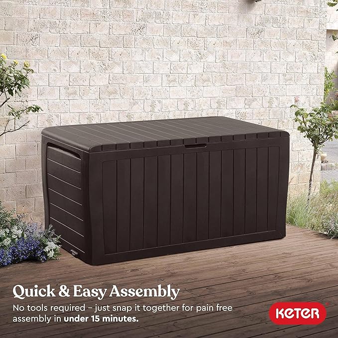 Keter Marvel Plus 71 Gallon Resin Outdoor Storage Box for Patio, Balcony & Garden – Weather‑Resistant Deck Box for Cushions, Pillows, Pool Floats & Tools, Brown