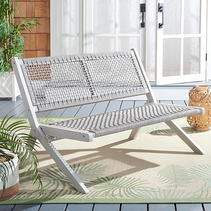 SAFAVIEH Outdoor Collection Kobina Grey Acacia Wood/Grey Rope Foldable Bench (Fully Assembled)