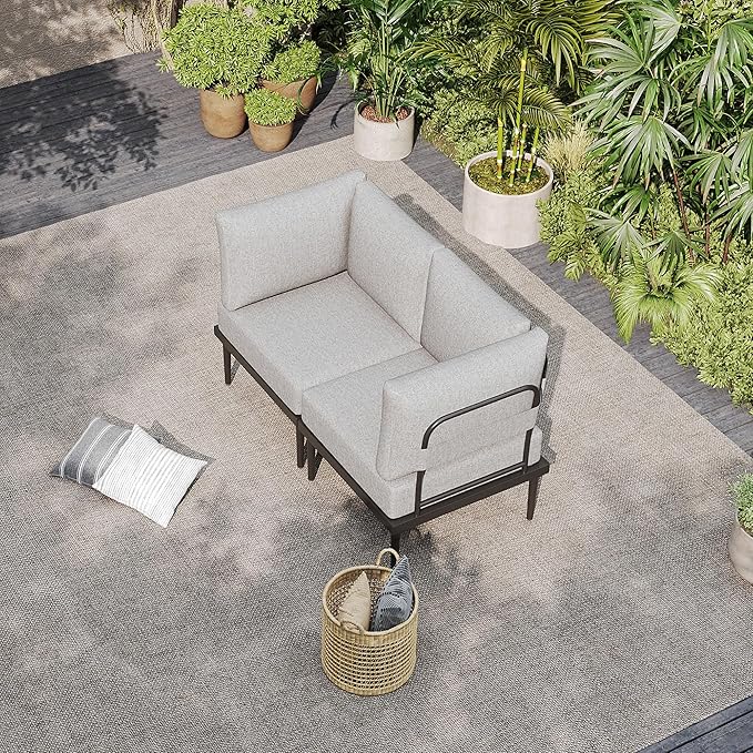 Sundale Outdoor 2 Pieces Metal Patio Furniture Set, Outdoor Sectional Sofa w/6 Inch Olefin Cushion, Modern Outdoor Conversation Sets for Porch, Balcony