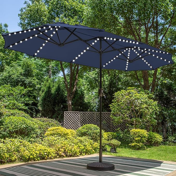 PHI VILLA 13ft Patio Umbrella with Solar-Powered 120 PCS LED Color-Changing Lights, Triple-Head Large Rectangle Umbrella Outdoor Patio for Table with Crank Lift,Navy Blue(No Base)