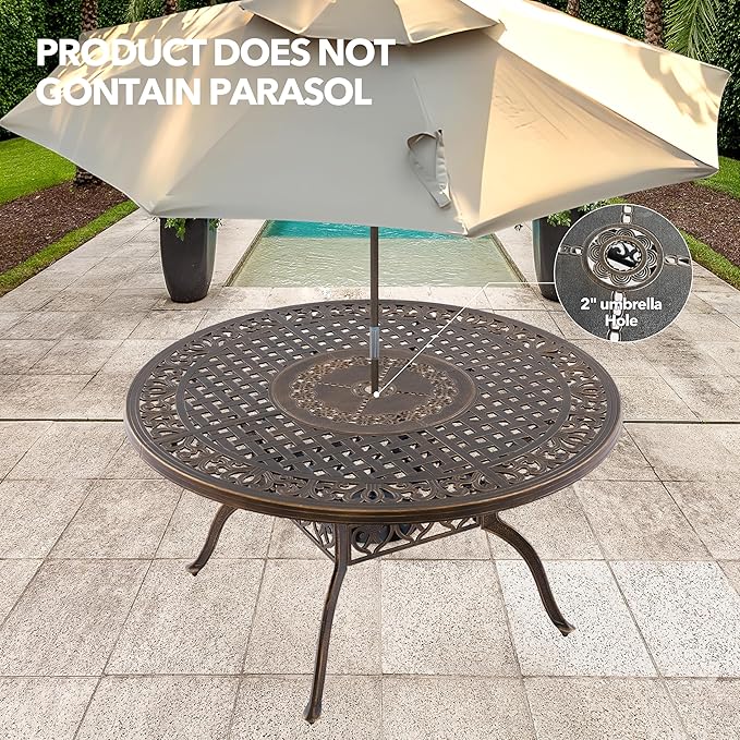 Outdoor Patio Dining Table - All-Weather Cast Aluminum 54.5" x 28.5“ Round Patio Table with 2" Umbrella Hole for Balcony Lawn Garden Backyard