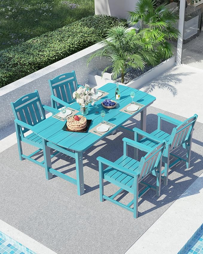 Ciokea HDPE Outdoor Dining Set, 5-Piece Patio Table and Chairs Set with Umbrella Hole, All-Weather Patio Dining Sets for 4, Durable Patio Furniture for Backyard, Garden, Lawn & Poolside, Lake Blue