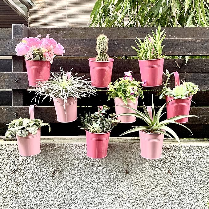 LaLaGreen Railing Planters Outdoor -10 Pack, 4 Inch Metal Hanging Flower Bucket, Small Pink Plant Pot Succulent Indoor Patio Fence Planter Box Balcony Garden Wall Decor Rail Deck Macetas Decorativas