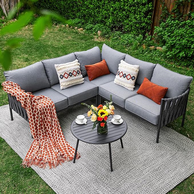 Outdoor Patio Furniture, 6 Pieces Outdoor Sectional L-Shaped Sofa Patio Conversation Sets, Patio Furniture Set with Thick Cushions and Coffee Table for Garden, Poolside, Backyard, Grey
