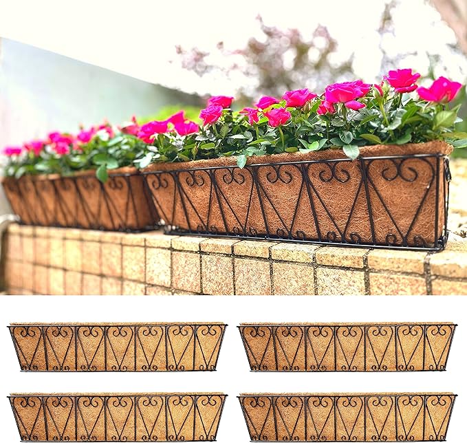 LaLaGreen Wall Planter - 4 Pack, 30 Inch Large Black Window Flower Basket Boxes Outdoor Attach House, Rectangular Deck Railing Hanging Pot with Coco Liner Over Rail Fence Balcony Patio Porch