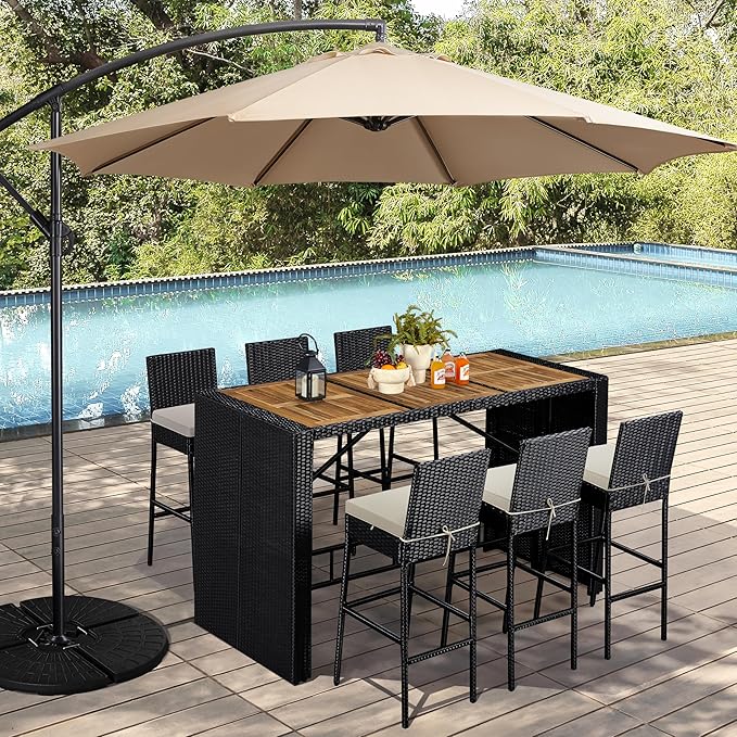 Yaheetech 7 Piece Patio Dining Set Outdoor Acacia Wood Bar Table and Chairs with Removable Cushions, Wicker Furniture Set for Deck, Backyard, Garden, Black/Beige