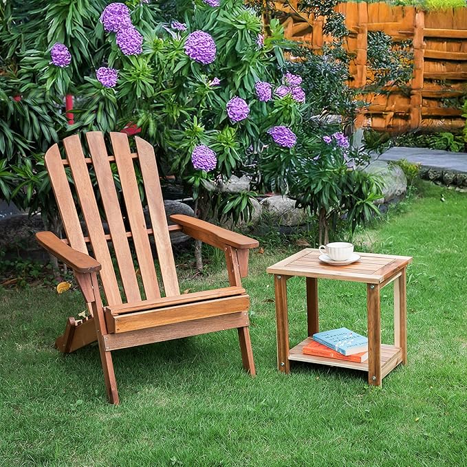 Double Adirondack Side Table, Weather-Resistant Rectangular End Table for Patio, Garden, Lawn, and Living Room. Ideal as a Stylish Indoor and Outdoor Side Table Companion, Light Natural
