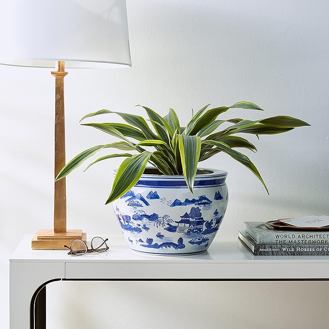 Red Lantern 12" Landscape Blue & White Porcelain Fishbowl Planter or Cachepot for Indoor/Outdoor Use in Garden Entryway Living Room Boho Eclectic Modern Contemporary Classic Traditional Style Decor