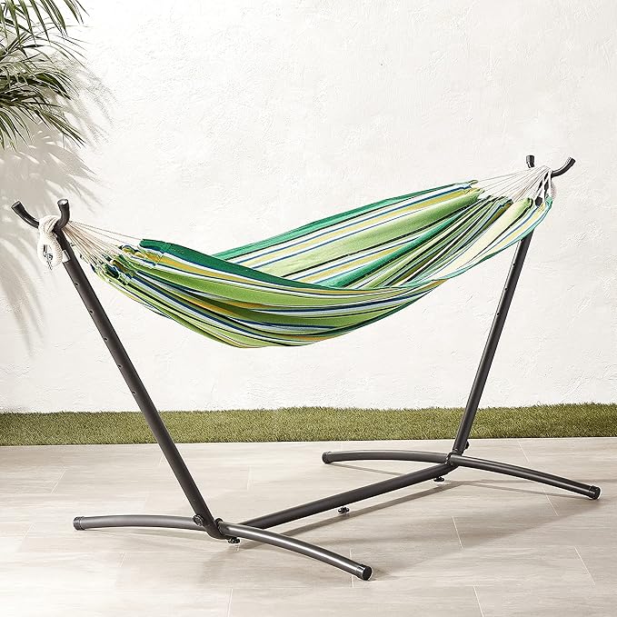 Amazon Basics Double Hammock with 9-Foot Space Saving Steel Stand and Carrying Case, 450 lb Capacity, Vigor Green, 110" x 47" x 43"