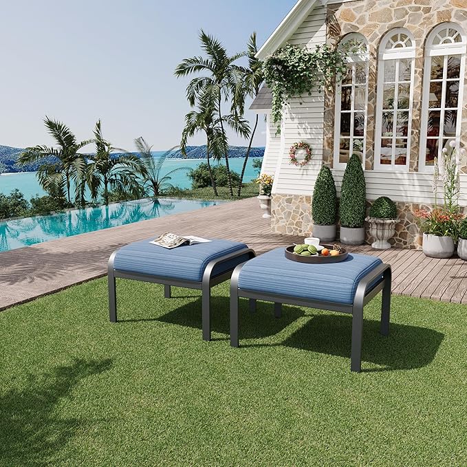 HOMREST Metal Outdoor Ottoman, 2-Piece Aluminum Footstool w/Removable Cushion, Multipurpose Footrest Stool Additional Seating, Set of 2 Outdoor Ottomans for Patio Deck (Blue)