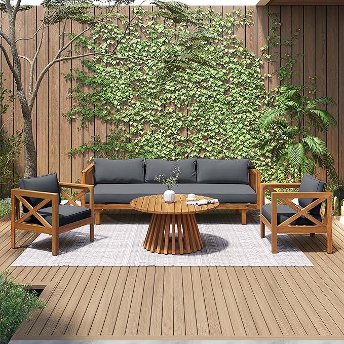 Merax Outdoor 4-Piece Acacia Wood Conversation Set - Patio 3-Seat Loveseat Sofa w/Coushion, 2 Armchair and Round Coffee Table for Backyard, Lawn, Balcony, Teak + Gray
