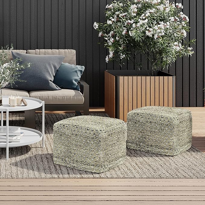 SIMPLIHOME Janelle Square Pouf - 18 inch Wide Upholstered PET Polyester Outdoor/Indoor Ottoman in Multi Color, Boho Footstool or Extra Seating for Living Room, Bedroom, or Patio, Assembled
