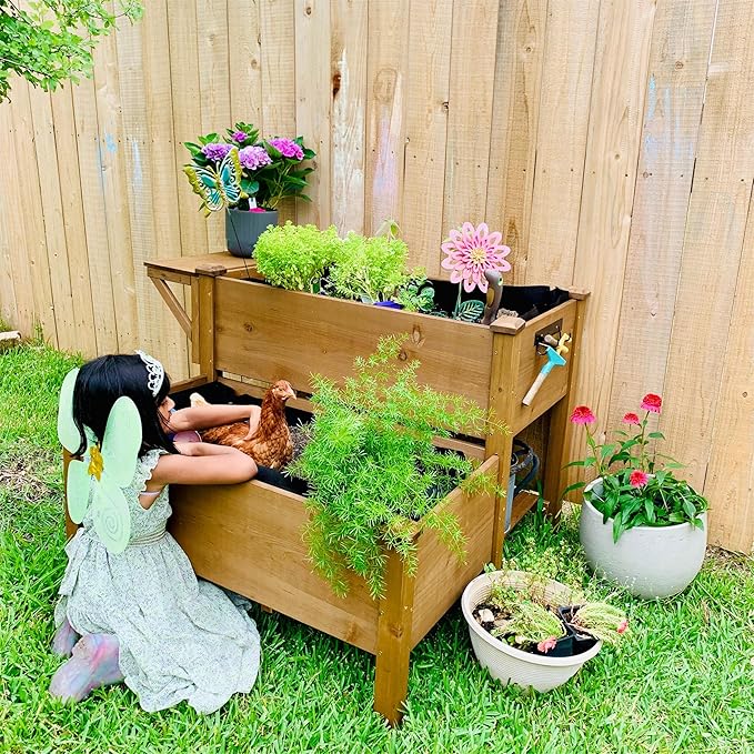 2-Tier Raised Garden Bed with Legs Outdoor Elevated Garden Box,Storage Shelf,Protective Liner for Backyard,Patio,Balcony,55x42x30in (Brown)