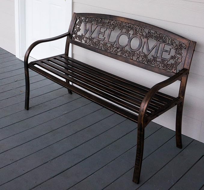 Leigh Country Metal Outdoor Bench, Welcome Design, Decorative Patio Seating for Porch/Deck
