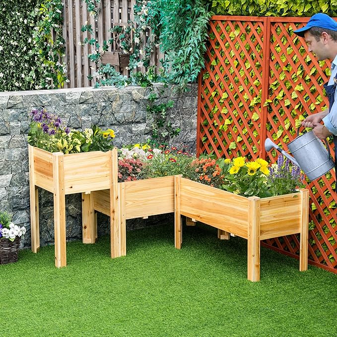 Outsunny Raised Garden Bed Set of 3, Wooden Elevated Planter Box with Legs and Bed Liner, for Backyard and Patio to Grow Vegetables, Herbs, and Flowers, Natural