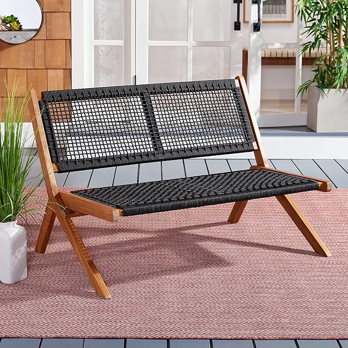 SAFAVIEH Outdoor Collection Kobina Natural Acacia Wood/Black Rope Foldable Bench