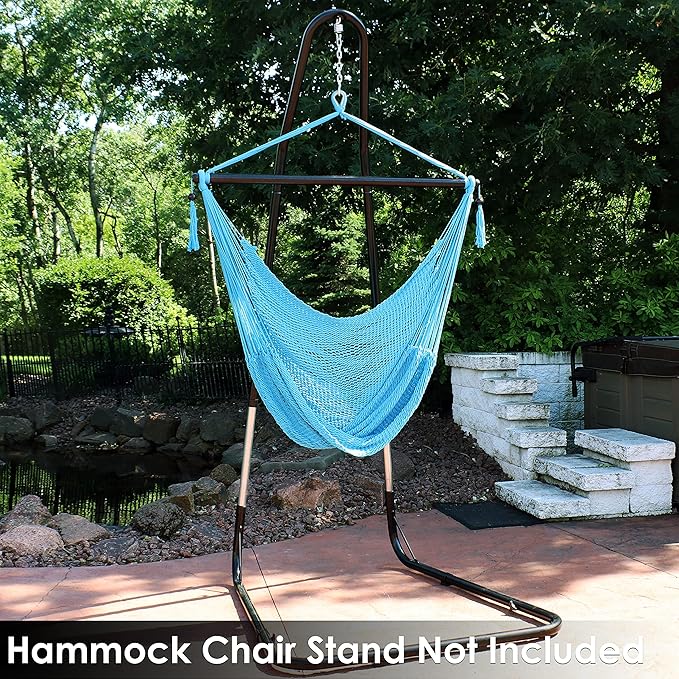Sunnydaze Outdoor Hammock Chair Swing - Hanging Hammock Swing - Hanging Reading Chair - Soft-Spun Polyester Rope - Caribbean XL - Sky Blue