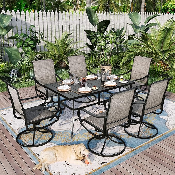Sophia & William 7 Pieces Patio Dining Set Outdoor Metal Furniture Set, 6 x Swivel Dining Chairs Textilene Padded, 1 Metal Umbrella Table 6 Person for Lawn Garden