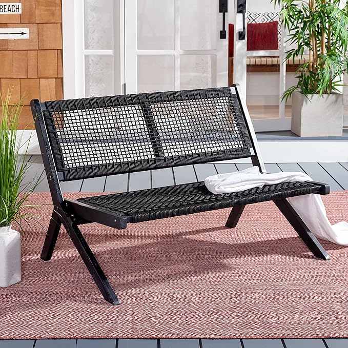 SAFAVIEH Outdoor Collection Kobina Black Acacia Wood/Black Rope Foldable Bench