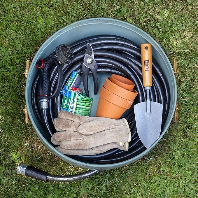 Sedona Hose Pot with Lid, Brass Accents, holds up to 100-Feet of Hose By Good Directions