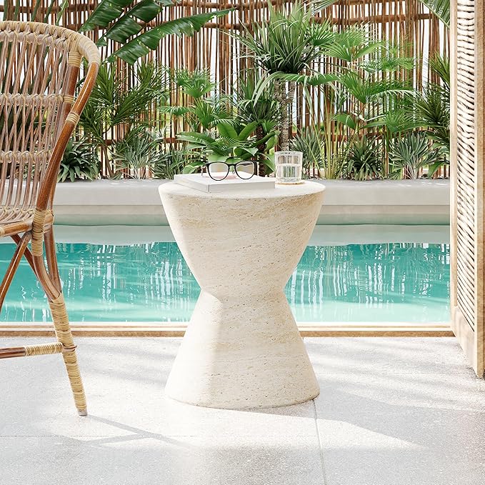 Christopher Knight Home Outdoor Side Table,Hourglass Shape Side Table,Patio Garden Stool Coffee End Table,Decorative Garden Stool for Patio,or Balcony,Lightweight Concrete Material,Travertine