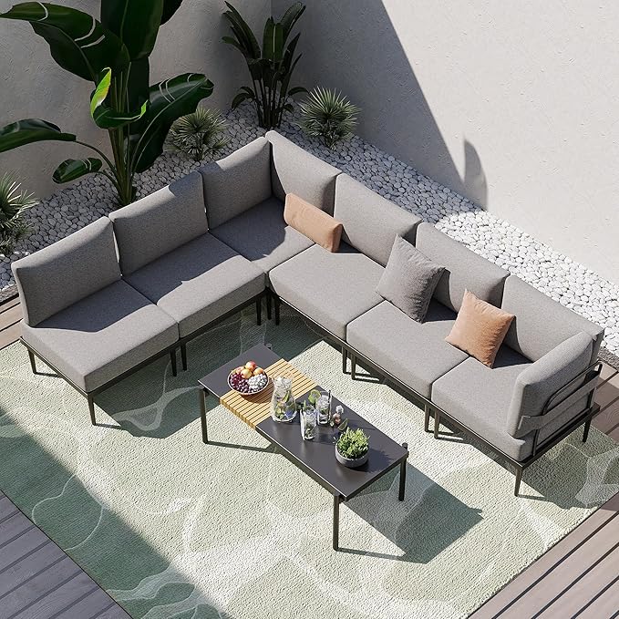 Sundale Outdoor 7 Pieces Metal Patio Furniture Set, Outdoor Sectional Sofa with 6 Inch Olefin Cushion, Modern Outdoor Conversation Sets with Coffee Table for Backyard, Poolside, Sunroom