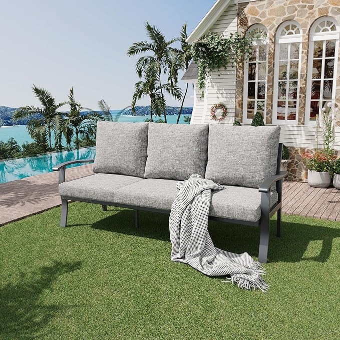 HOMREST Outdoor Couch Aluminum Patio Furniture Sofa, 3-Seat All-Weather Metal Outdoor Patio Furniture with Cushions, Grey