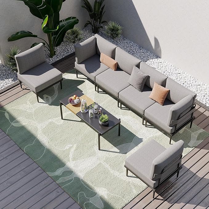 Sundale Outdoor 7 Pieces Metal Patio Furniture Set, Outdoor Sectional Sofa with 6 Inch Olefin Cushion, Modern Outdoor Conversation Sets with Coffee Table for Backyard, Poolside, Sunroom