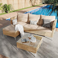 3-Piece L-Shaped Patio Furniture Set - Weather Resistant Wicker Sectional Sofa with Thick Cushions & Coffee Table for Small Spaces (Yellow/Beige)