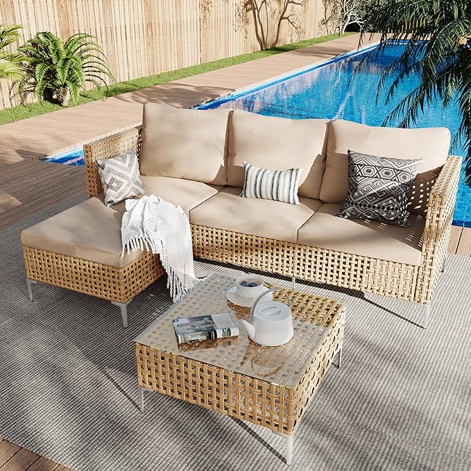 3-Piece L-Shaped Patio Furniture Set - Weather Resistant Wicker Sectional Sofa with Thick Cushions & Coffee Table for Small Spaces (Yellow/Beige)