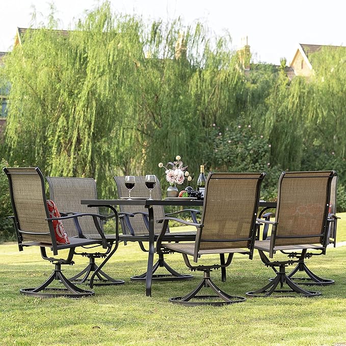 NUU GARDEN 7 Piece Outdoor Dining Set, 6 Swivel Patio Chairs and 1 Dining Table with 1.57 Inch Umbrella Hole, Iron Patio Furniture Set for Lawn Backyard Balcony, Black and Brown