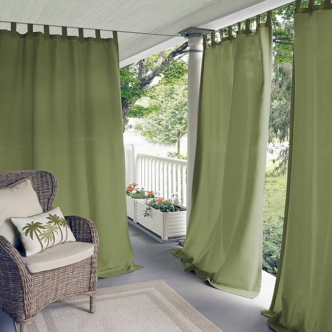 Elrene Home Fashions Matine Weatherproof Tab-Top Indoor/Outdoor Solid Color Curtain Panel for Porch, Pergola, Patio, Deck, 52”W x 95”L, Green (Pack of 3)