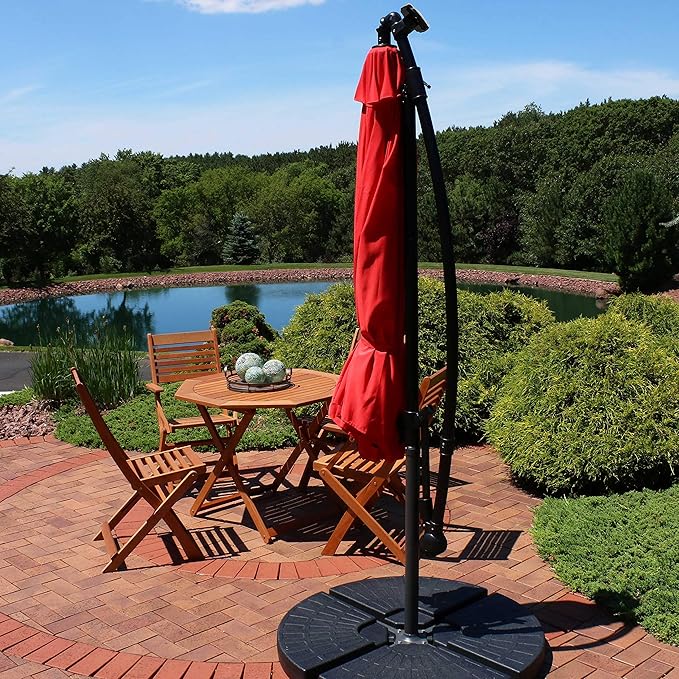 Sunnydaze 10' Solar Offset Patio Umbrella - Solar Cantilever Umbrella Outdoor with LED Lights - Polyester Shade, Air Vent, & Cross Base