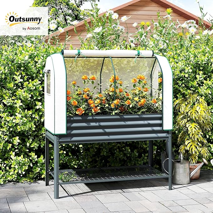 Outsunny Galvanised Raised Garden Bed with Greenhouse Cover, Metal Elevated Garden Bed with Legs, Bed Liner and Bottom Shelf, Outdoor Raised Planter Box for Vegetables, Herbs, Flowers, Dark Gray