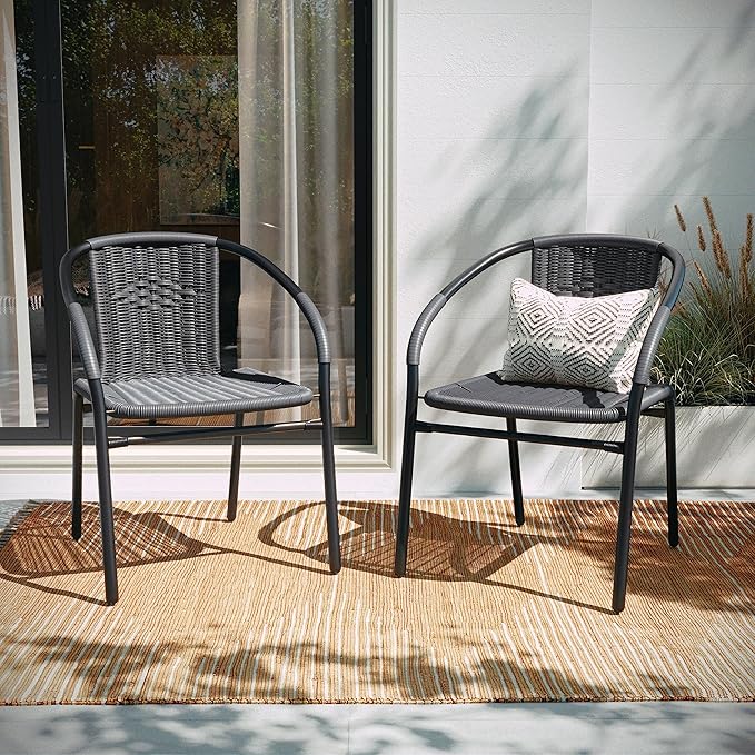 Flash Furniture Lila Modern Rattan Indoor/Outdoor Stackable Dining Chairs, Stacking Rattan Bistro Chairs for Patio or Restaurant, Set of 4, Gray