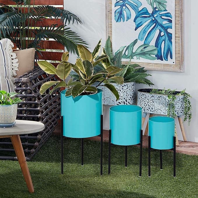 Deco 79 Metal Indoor Outdoor Planter Minimalistic Large Planter Pot with Black Removable Stand, Set of 3 Planters 12", 14", 18"H, Teal