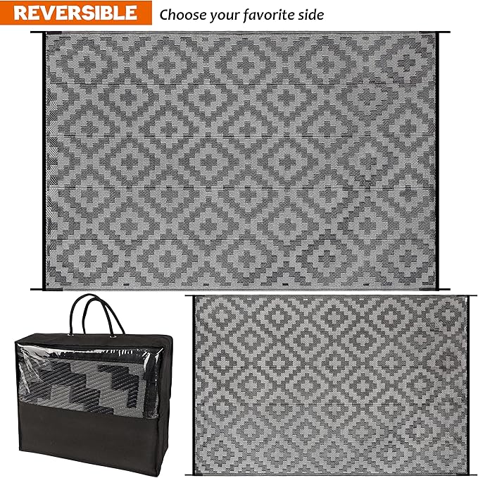 SAND MINE Waterproof Outdoor Rug 6x9 ft, Plastic Reversible Rug, Modern Area Rug, Large Floor Mat for Outdoors, RV, Patio, Backyard, Deck, Picnic, Beach, Camping, Black Grey Lattice