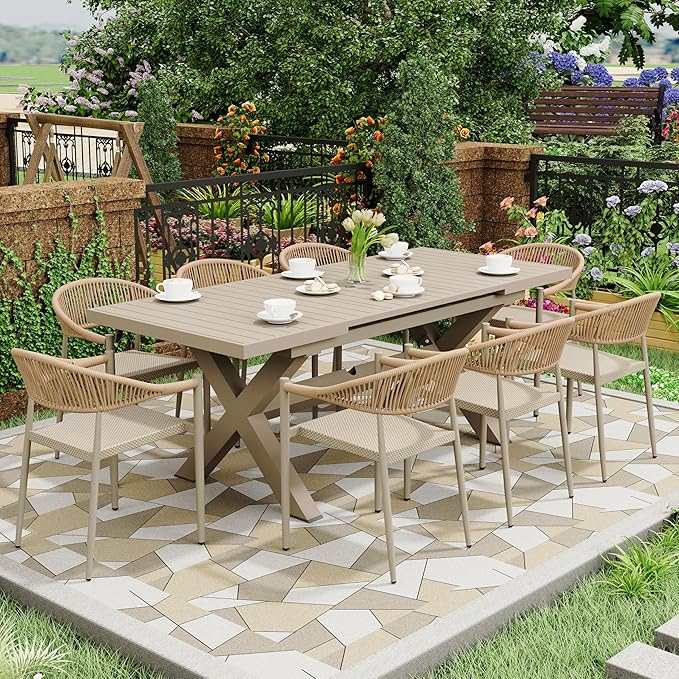 4 Pcs Stackable Patio Dining Chairs, Aluminum Rattan Outdoor Dining Chair with Arms, Woven Rope Garden Armchair Metal No Assembly for Bistro Balcony Porch Deck Yard Cafe Restaurant, Light Brown