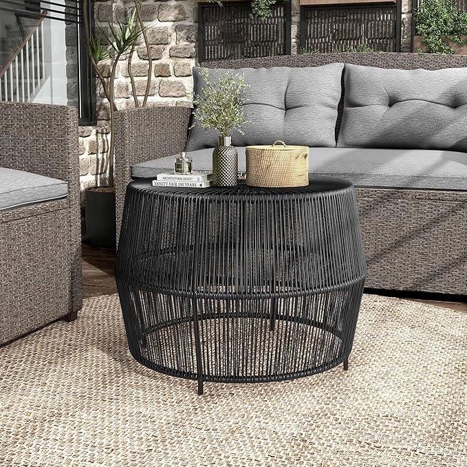 Furniture of America Ysar Boho Rattan Round Coffee Table Outdoor with Metal Frame, All-Weather and Rust Resistant, Handcrafted Coastal Furniture for Patio, Poolside, Garden, Yard, Black