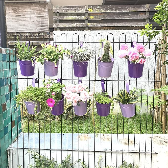 LaLaGreen Hanging Planter Outdoor - 10 Pack, 4 Inch Fence Planters Outdoor Purple Hanging Window Flower Bucket Metal Succulent Pots Balcony Railing Wall Garden Deck Porch Herb Plant Macetas Exterior