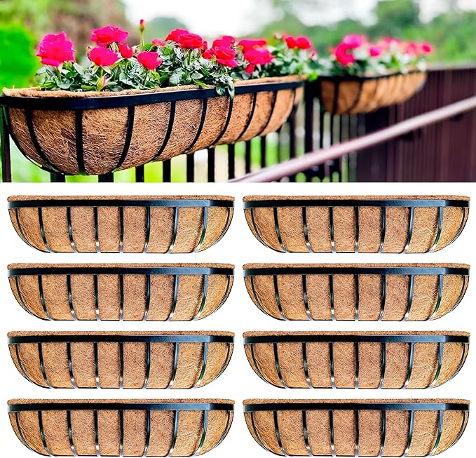 LaLaGreen Outdoor Wall Planter - 8 Pack, 30 Inch Large Metal Basket with Coco Liner, Long Window Flower Box Deck Railings Hanging Horse Trough Balcony Plant Pot Garden Fence Balcony Patio Rail