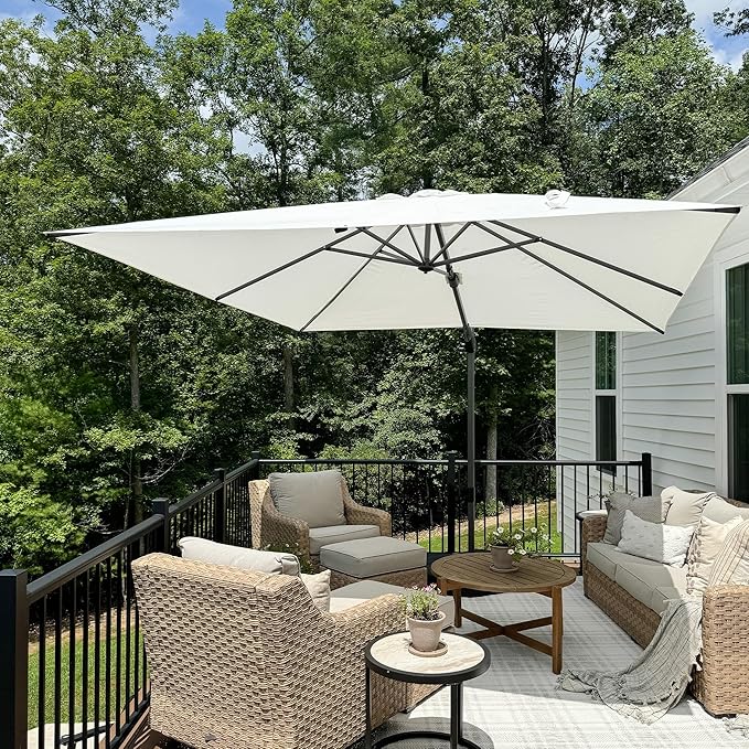 PURPLE LEAF 9.8' X 9.8' Left-right Tilting Patio Umbrella Outdoor Cantilever Swivel Square Umbrella Aluminum Offset Umbrella with 360-degree Rotation for Garden Deck Pool Patio White
