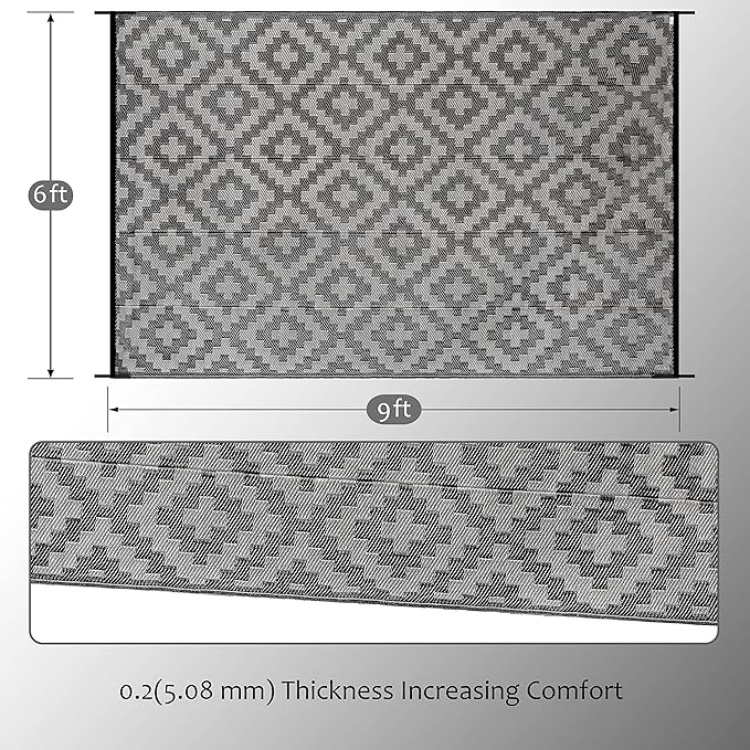 SAND MINE Waterproof Outdoor Rug 6x9 ft, Plastic Reversible Rug, Modern Area Rug, Large Floor Mat for Outdoors, RV, Patio, Backyard, Deck, Picnic, Beach, Camping, Black Grey Lattice