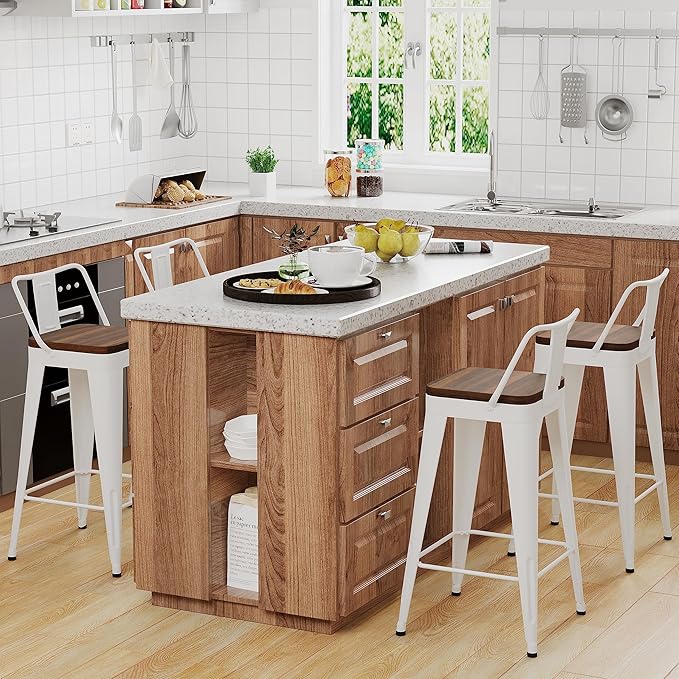WENTMENT Metal Bar Stools Set of 4 Counter Height Bar Stools Barstools with Removable Back 24" Kitchen Bar Stools with Wooden Seat,Off White