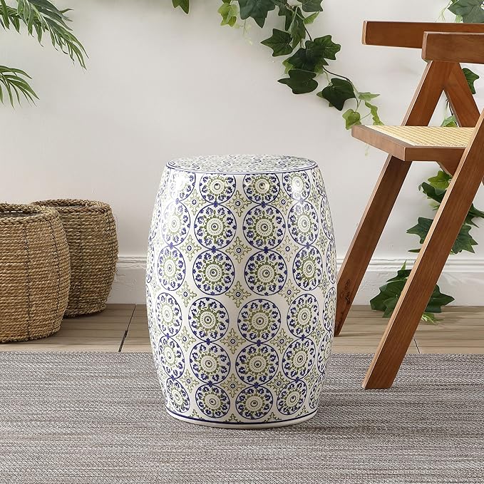 JONATHAN Y TBL1025A Lula 17.25" Suzani Ceramic Indoor/Outdoor Garden Stool, Blue/Green, Classic, Coastal, Bohemian, Traditional, Mediterranean, Cottage for Living Room, Garden, Outdoor, Home