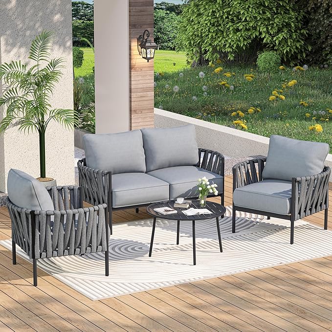 4 Piece Patio Furniture Set, Modern Patio Conversation Set, Outdoor Furniture with Table, Outdoor Sofa with Washable and High-Resiliency Sponge Cushions, Grey