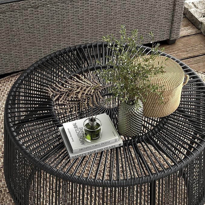 Furniture of America Ysar Boho Rattan Round Coffee Table Outdoor with Metal Frame, All-Weather and Rust Resistant, Handcrafted Coastal Furniture for Patio, Poolside, Garden, Yard, Black