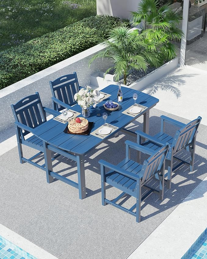 Ciokea HDPE Outdoor Dining Set, 5-Piece Patio Table and Chairs Set with Umbrella Hole, All-Weather Patio Dining Sets for 4, Durable Patio Furniture for Backyard, Garden, Lawn & Poolside, Navy Blue