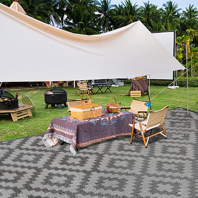SAND MINE Waterproof Outdoor Rug 6x9 ft, Plastic Reversible Rug, Modern Area Rug, Large Floor Mat for Outdoors, RV, Patio, Backyard, Deck, Picnic, Beach, Camping, Black Grey Lattice